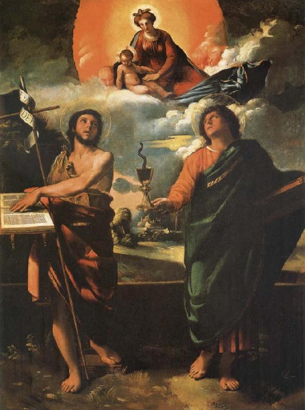 Dosso Dossi The Madonna in the glory with the Holy Juan the Baptist and Juan the Evangelist France oil painting art